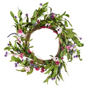 Artificial Decorative Wreath, 22 in, Pink Green, Decorated with Daisies, Babysbreath, Buds, Year Round Wreath for All Seasons Indoor and Outdoor Home