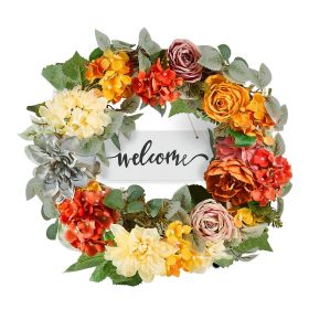 Artificial Decorative Wreath, 24 in, Red Orange Yellow, Decorated with Hydrangeas, Roses, Wooden Sign, Year Round Wreath for All Seasons Indoor and Ou