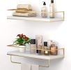White Floating Shelves - Set of 2, Wall Mounted Hanging Shelves with Gold Towel Bar, Decorative Storage Shelves for Bathroom, Kitchen, Living Room and
