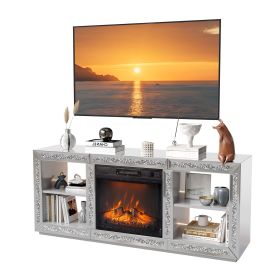Silver Mirror Modern TV Stand with 18 Inch Fireplace Insert & Storage Shelves, Medium Density Fiberboard Fireplace TV Console for Living Room, 143 x 3
