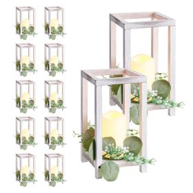 12 Set/36 Pcs Wooden Wedding Lantern Centerpiece, Includes 12 Wooden Lantern Candle Holder 12 Flameless LED Candle 12 Eucalyptus Leaves Wreath for Wed