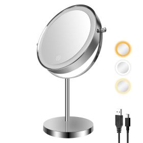 8-inch Makeup Mirror with Lights, Double Sided 1X/10X Magnifying Mirror, 3 Color Lighting Dimmable Vanity Mirror with 360Â° Swivel , Built-In Battery (Color: Chrome)